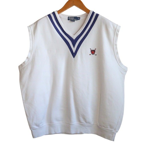 Vintage Polo Ralph Lauren Sweatshirt Vest XXL White V-Neck Golf Crest Preppy - Picture 4 of 15